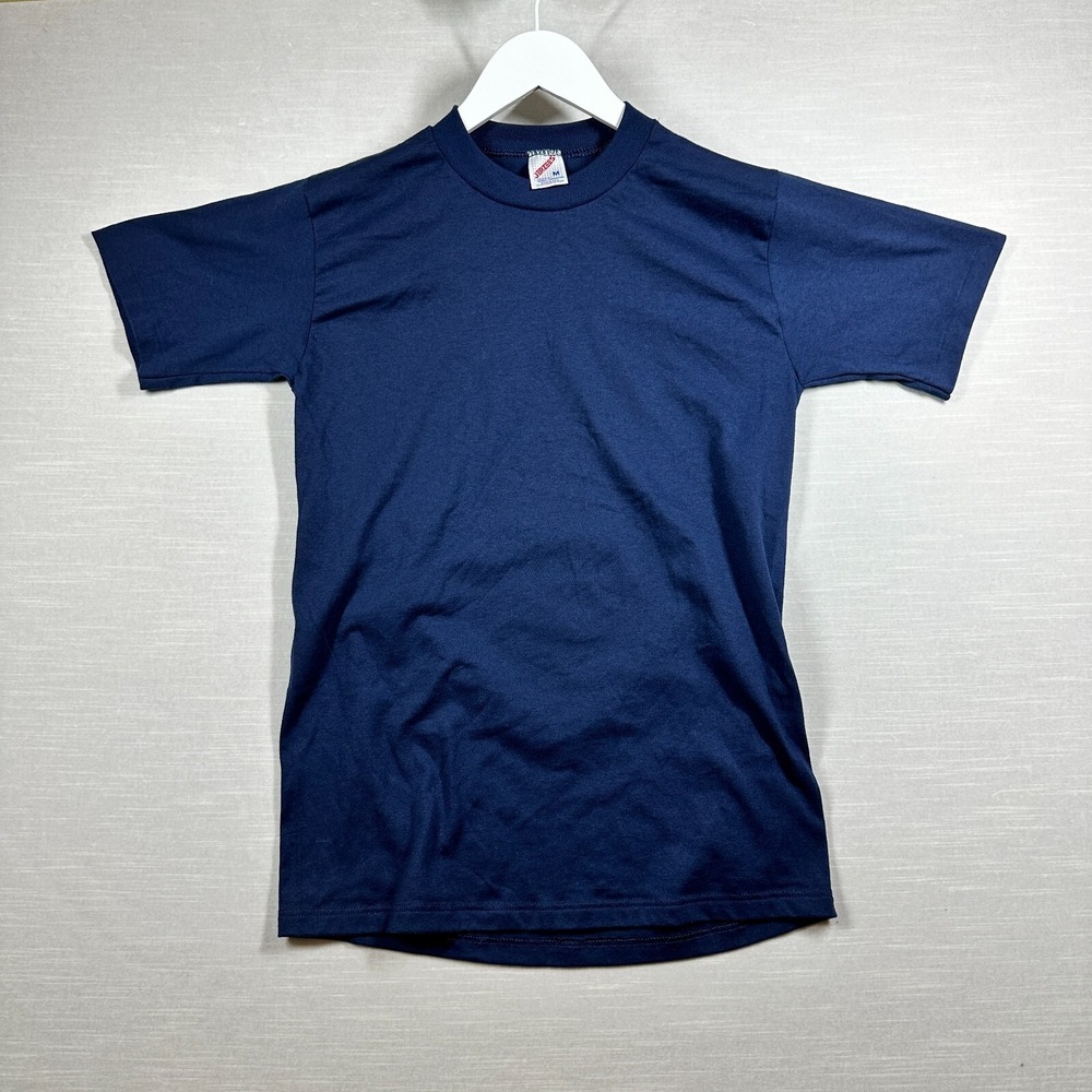 Vintage Jerzees T Shirt Mens M Navy Blue Blank Single Stitch Made in USA 90s